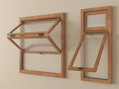 Wooden Awning And Casement Windows With Glass Panels On Wall 3d model