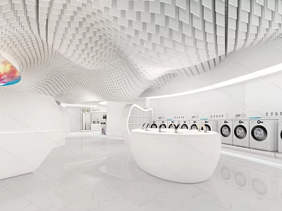 Modern White Showroom With Curved Design Arranged Laundry Machines And Geometric Ceiling 3d model