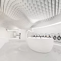 Modern White Showroom With Curved Design Arranged Laundry Machines And Geometric Ceiling