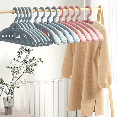 Beige Fluffy Coat on Colorful Hangers with Plant and White Railing 3d model