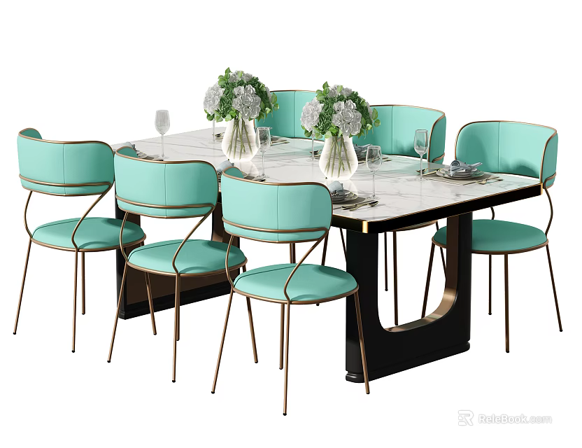 Modern Dining Table Set With Marble Top And Six Turquoise Upholstered Chairs 3d model