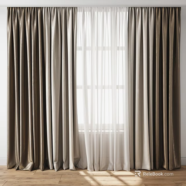 Elegant Brown And White Curtains With Sheer Layers For Window Light Interior 3d model 