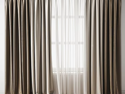 Elegant Brown And White Curtains With Sheer Layers For Window Light Interior 3d model