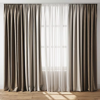 Elegant Brown And White Curtains With Sheer Layers For Window Light Interior 3d model