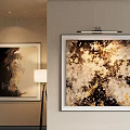 Abstract Painting With Gold Black Beige Tones Framed In Modern Interior With Lighting