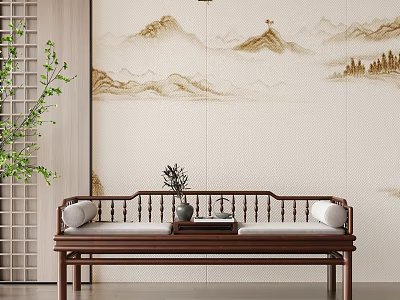 Chinese Style Wooden Luohan Bed Interior With Mountain Landscape Painting And Green Plant 3d model