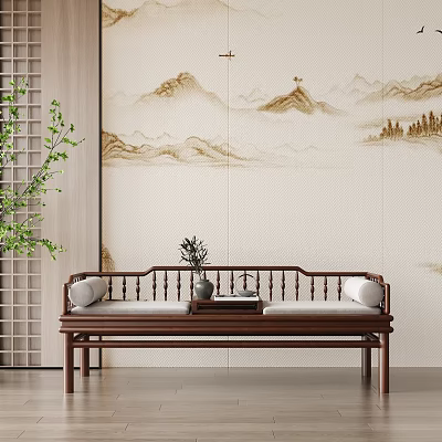 Chinese Style Wooden Luohan Bed Interior With Mountain Landscape Painting And Green Plant 3d model