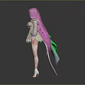 3D Female Character Model With Pink Hair And White Dress Standing Pose
