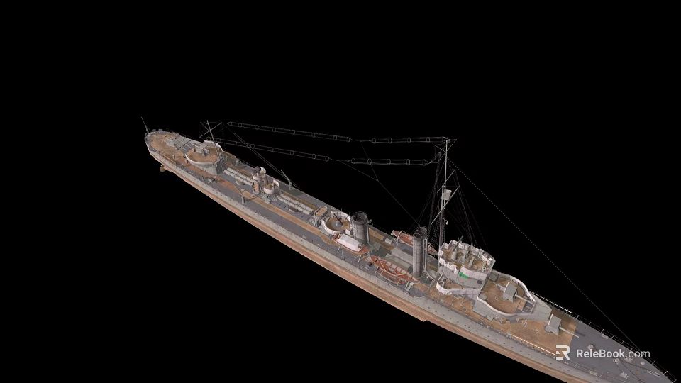 Vintage Warship Side View With Turrets Masts And Wooden Deck Structure 3d model 