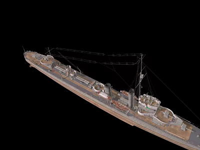 Vintage Warship Side View With Turrets Masts And Wooden Deck Structure 3d model