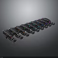 Row of Sleek Black Concept Cars With Colorful Accent Lights On Dark Background