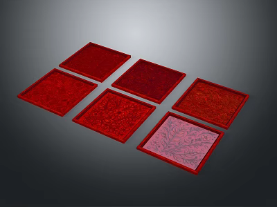 Six Red Square Furniture Cushions With Different Patterns On Dark Background 3d model