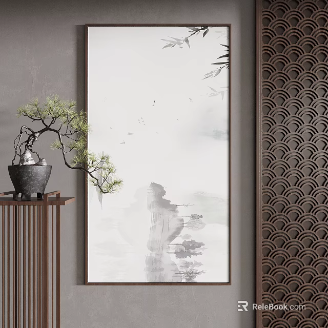 Chinese Ink Landscape Painting With Mountain Water Scenery Potted Pine And Decorative Screen 3d model 
