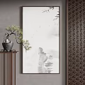 Chinese Ink Landscape Painting With Mountain Water Scenery Potted Pine And Decorative Screen