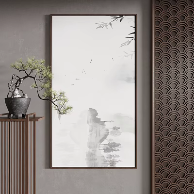 Chinese Ink Landscape Painting With Mountain Water Scenery Potted Pine And Decorative Screen 3d model