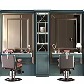 Elegant Modern Barber Shop Interior With Two Barber Chairs Vanities Blue Cabinets Mirrors And Lighting
