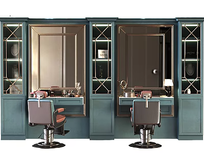 Elegant Modern Barber Shop Interior With Two Barber Chairs Vanities Blue Cabinets Mirrors And Lighting 3d model
