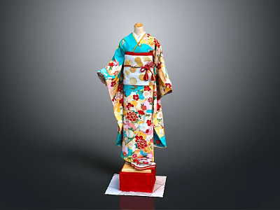 Traditional Japanese Kimono Mannequin Display With Colorful Floral Patterns And Red Base 3d model
