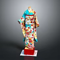 Traditional Japanese Kimono Mannequin Display With Colorful Floral Patterns And Red Base
