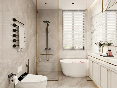 Elegant Bathroom Interior Design With Marble Walls Bathtub Shower White Cabinets Mirror And Window Blinds 3d model