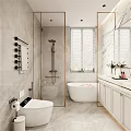 Elegant Bathroom Interior Design With Marble Walls Bathtub Shower White Cabinets Mirror And Window Blinds