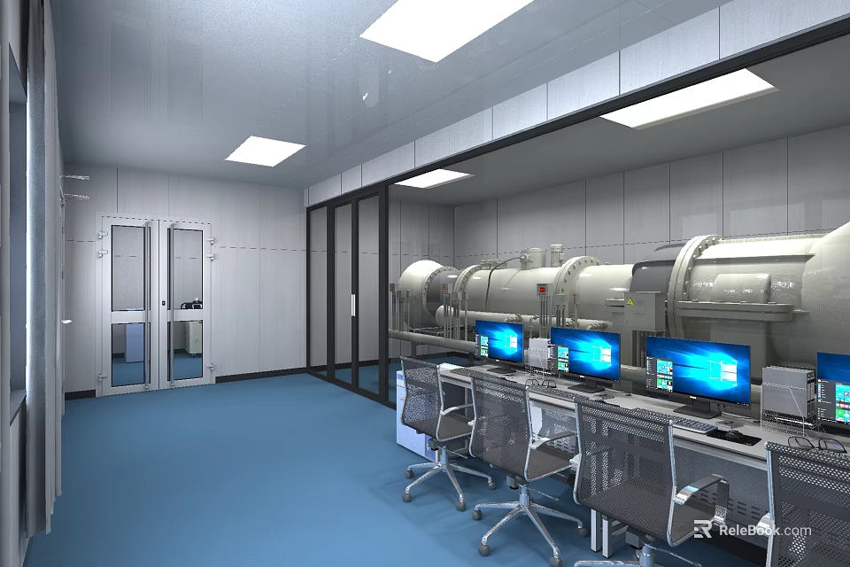 Spacious Modern Laboratory With Advanced Equipment Multiple Computer Workstations And Blue Floor 3d model 
