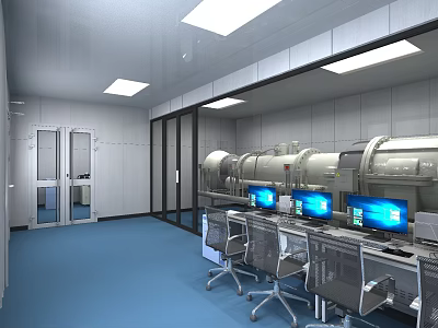 Spacious Modern Laboratory With Advanced Equipment Multiple Computer Workstations And Blue Floor 3d model