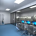 Spacious Modern Laboratory With Advanced Equipment Multiple Computer Workstations And Blue Floor 3d model