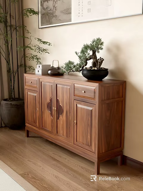 Natural Wooden Entryway Cabinet Sideboard With Doors Drawers And Decorative Plants 3d model 