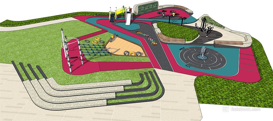 Vibrant Children's Playground With Slide Climbing Frame Track Colorful Surface And Green Lawn 3d model 