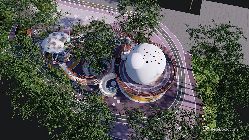 Modern Circular Landscape Garden With White Dome Structures Green Trees And Curved Pathways 3d model 