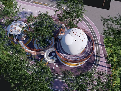 Modern Circular Landscape Garden With White Dome Structures Green Trees And Curved Pathways 3d model