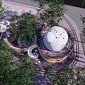 Modern Circular Landscape Garden With White Dome Structures Green Trees And Curved Pathways