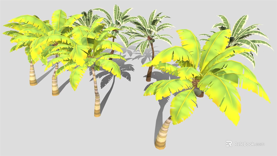 Green and Yellow Leafy Palm and Banana Trees with Light Colored Trunks in Gray Background 3d model 