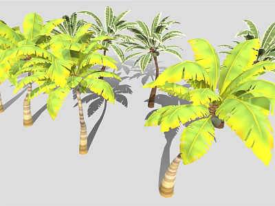 Green and Yellow Leafy Palm and Banana Trees with Light Colored Trunks in Gray Background 3d model