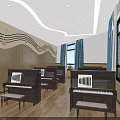 School Music Classroom With Black Pianos Musical Note Decorations And Blue Curtains
