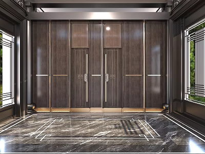 Elegant Hotel Corridor Interior With Wooden Doors Marble Flooring And Decorative Windows 3d model