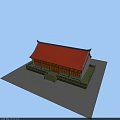 Ancient Chinese Architecture With Red Roof Overhanging Eaves Orange Columns And Green Railings