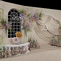 Elegant Wedding Stage Setup With Beige Backdrop Arched Windows And Floral Decorations 3d model