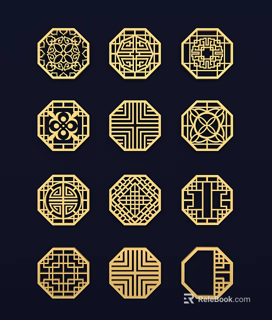 Golden Traditional Chinese Wall Decor With Ornate Geometric Pattern Designs 3d model 