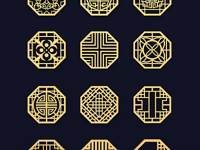 Golden Traditional Chinese Wall Decor With Ornate Geometric Pattern Designs 3d model