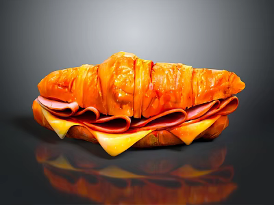 Crispy Croissant Sandwich With Ham And Melted Cheese On Black Surface 3d model