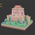 Commercial Equipment 3D Castle Display Model With Red Roof Green Trees And Reflective Base