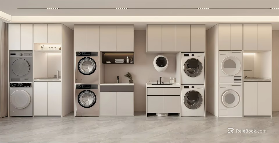 Modern Laundry Room Interior With Stackable Washing Machines Cabinets Countertops And Storage 3d model 