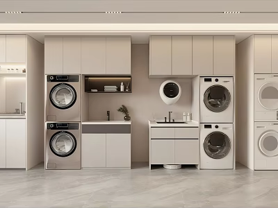 Modern Laundry Room Interior With Stackable Washing Machines Cabinets Countertops And Storage 3d model