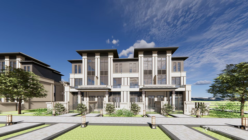 Modern Townhouse Exterior With Symmetrical Design Large Glass Windows And Landscaped Courtyard 3d model 