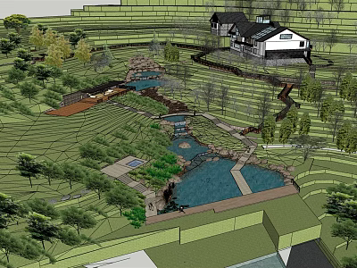 Scenic Garden Landscape Design With House Ponds Paths And Lush Greenery 3d model