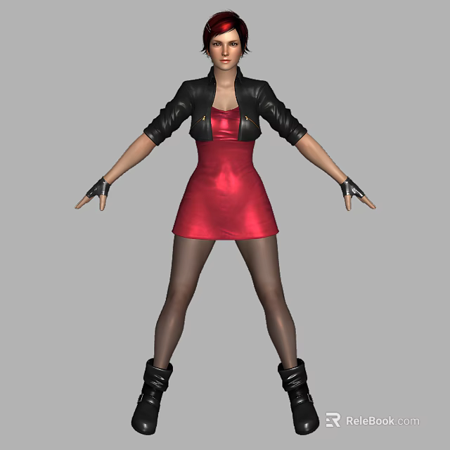 Woman Posing in Red Dress Black Leather Jacket with Black Gloves Boots Stockings Arms Outstretched 3d model 