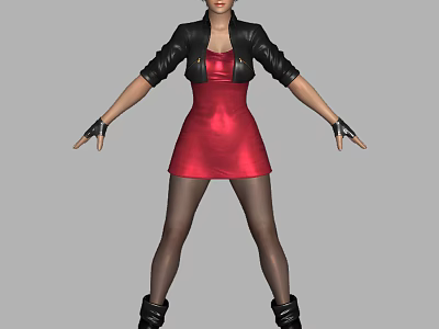 Woman Posing in Red Dress Black Leather Jacket with Black Gloves Boots Stockings Arms Outstretched 3d model