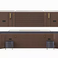 Modern Brown Storage Cabinet With Golden Handles Mesh Panel Dark Base And Small Stools 3d model